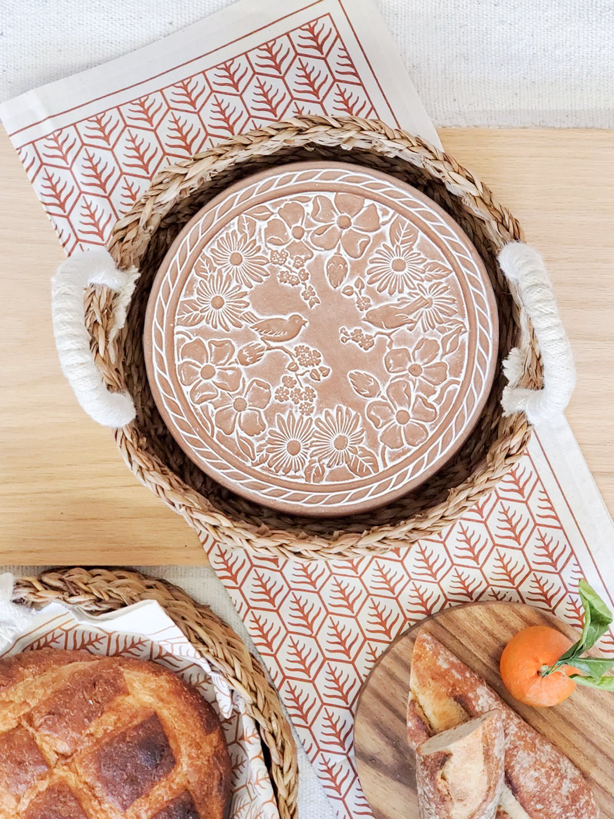 Bread Warmer & Basket Gift Set with Tea Towel - Garden Round - Terra Clara