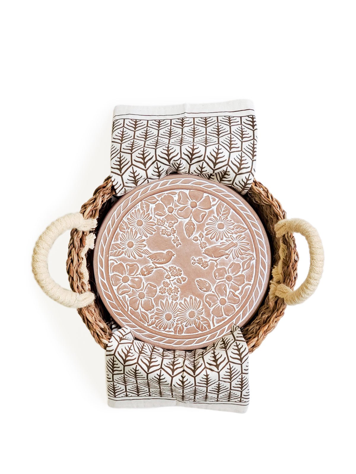 Bread Warmer & Basket Gift Set with Tea Towel - Garden Round - Terra Clara